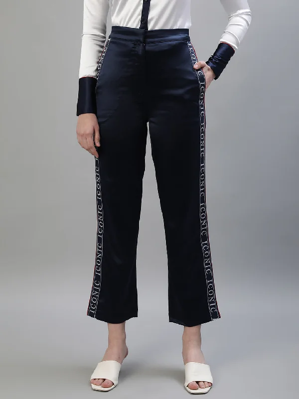 Iconic Women Navy Blue Solid Regular Fit Mid-Rise Trouser