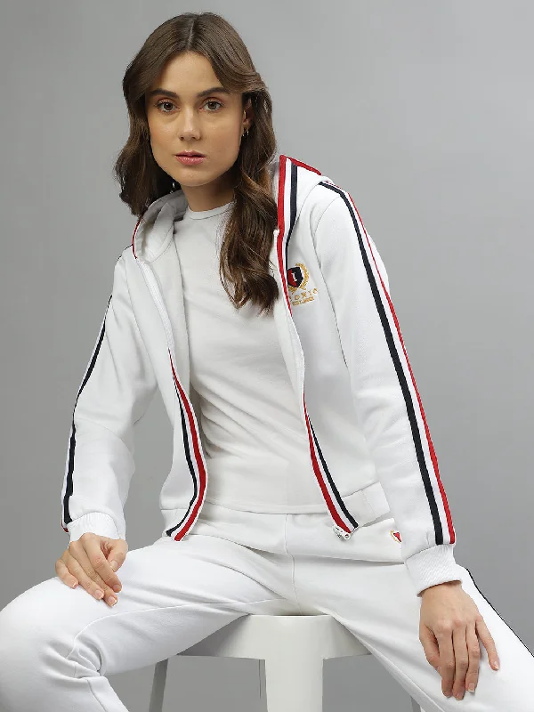 Iconic Women White Solid Hooded Full Sleeves Jacket