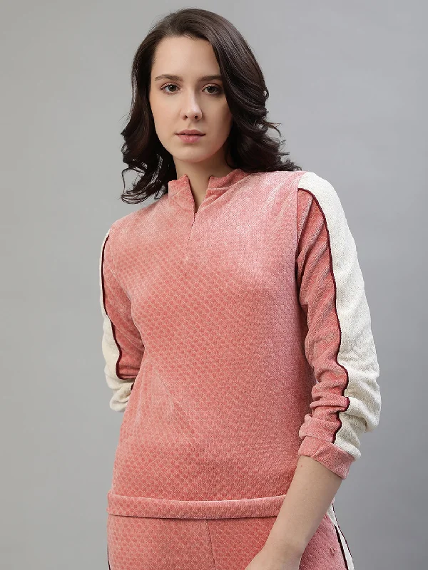 Iconic Women Pink Colorblocked Mock Neck Full Sleeves Sweatshirt