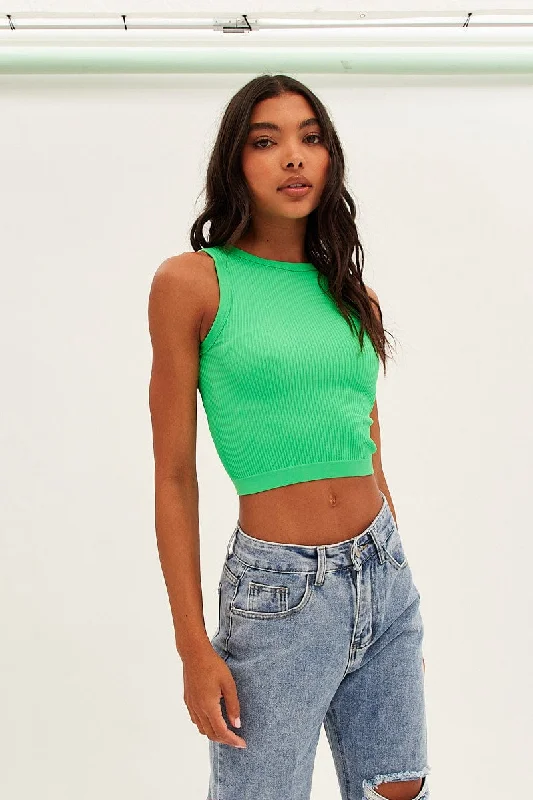 Green Tank Top Crew Neck Seamless