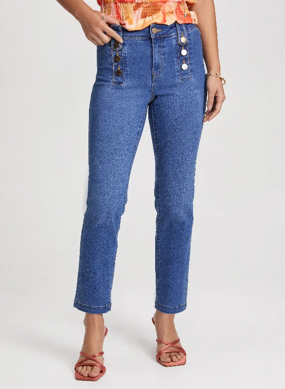 Button Trim Straight-Leg Jeans