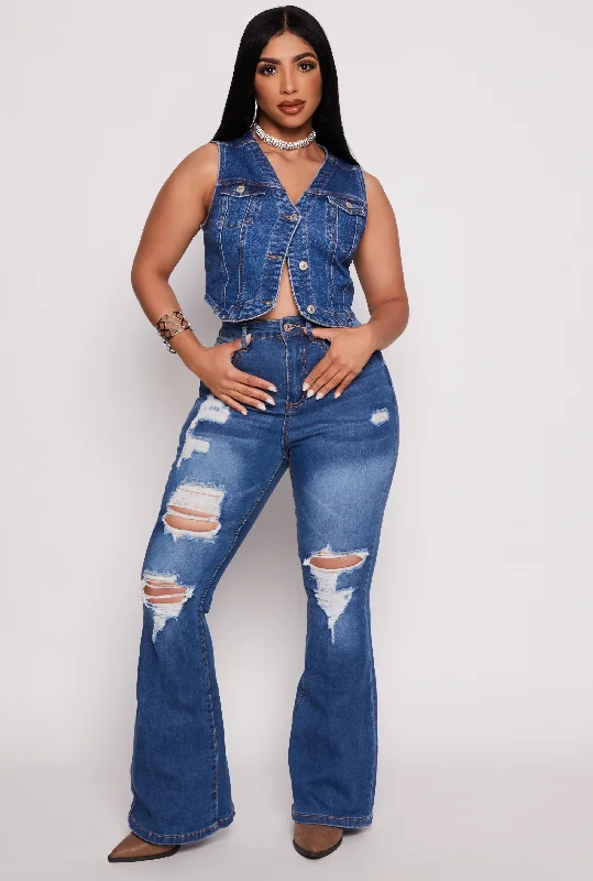 WAX High Waisted Distressed Flare Jeans