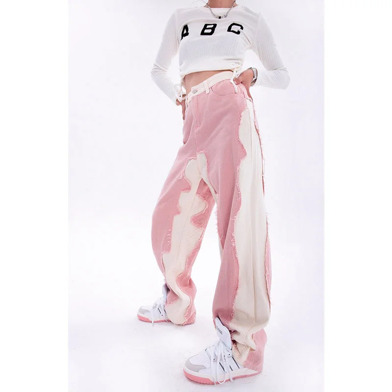 Amy Fashion - Hip Hop Street Style Pink White Baggy Jeans