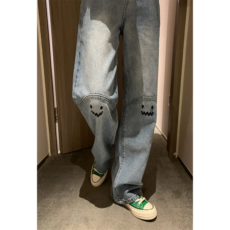 Amy Fashion - Cute Emoji Face Wide Leg Personalized Jeans