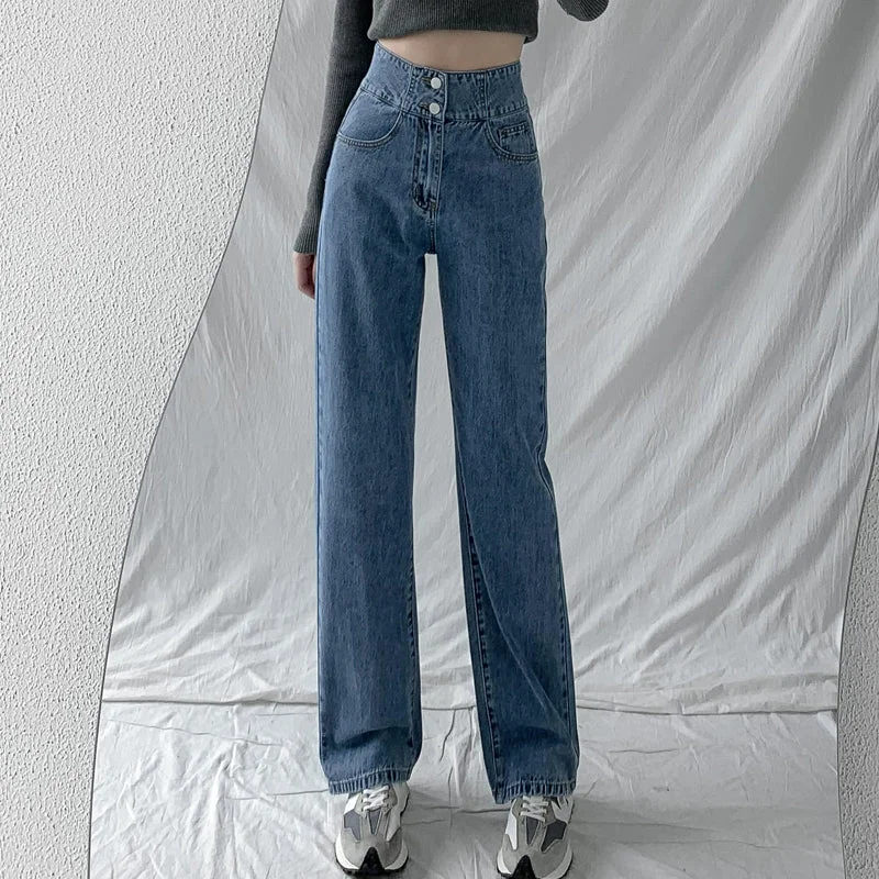 Amy Fashion - Hight Waist Blue White Wide Leg Comfy Jeans