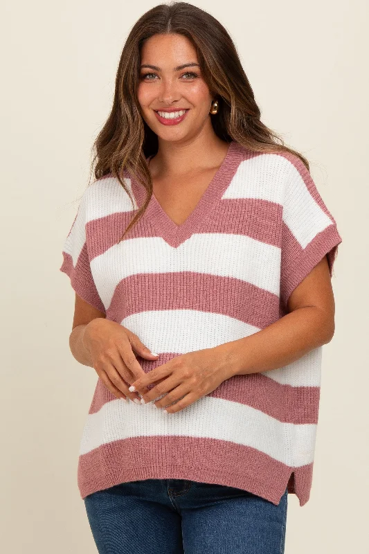 Mauve Striped V-Neck Maternity Sweater Top