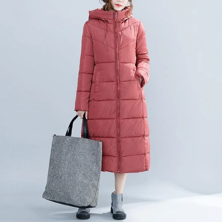 Casual red Winter Fashion plus size hooded cotton jacket women pockets zippered trench cotton coats