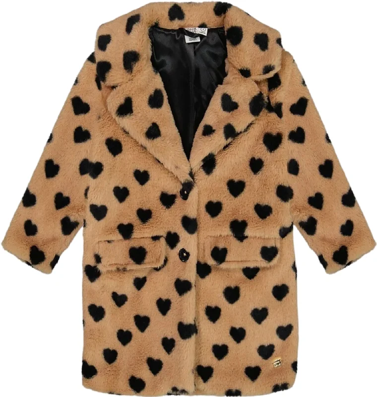 Printed Heart Faux Fur Long Coat - Big Girl|-|Manteau long en fausse fourrure imprimée cœurs - Grande fille