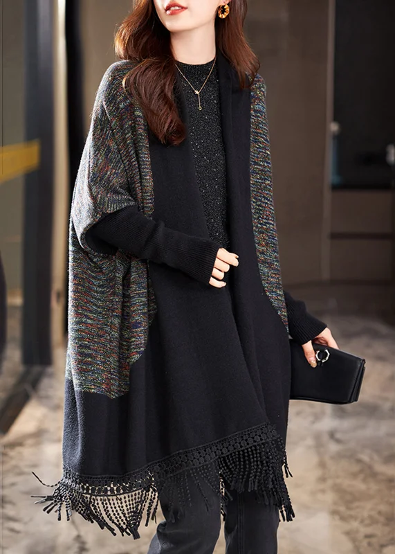 Handmade Black Tasseled Patchwork Knit Cardigan Batwing Sleeve