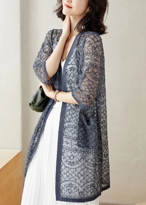 Handmade Grey V Neck Pockets Patchwork Lace Cardigan Summer