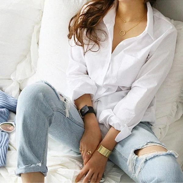 Long Sleeve Casual Turn-down Collar OL Style Women Loose Blouses