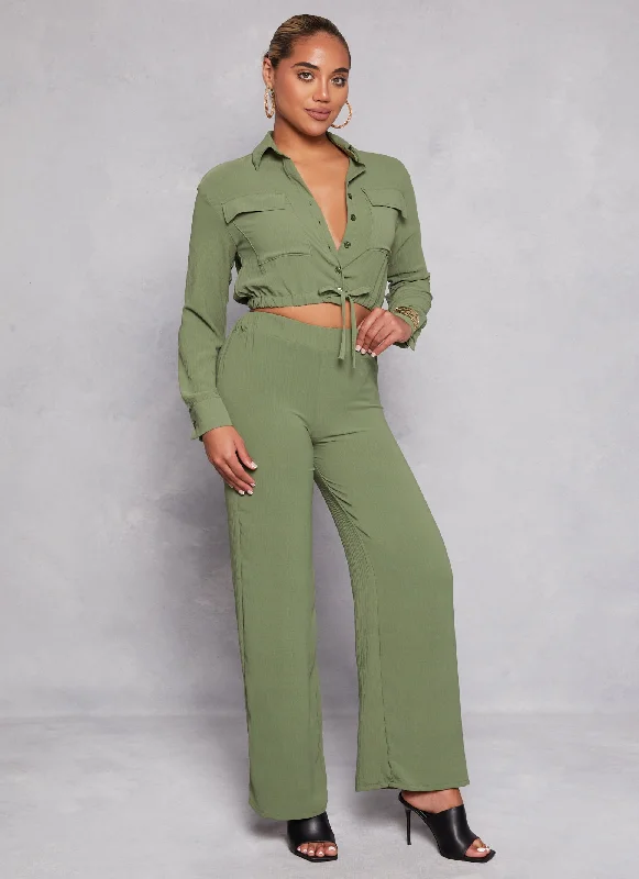 Crepe Knit Cropped Shirt and Pants Set