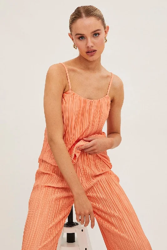 Orange Plisse Cami Sleeveless Scoop Neck