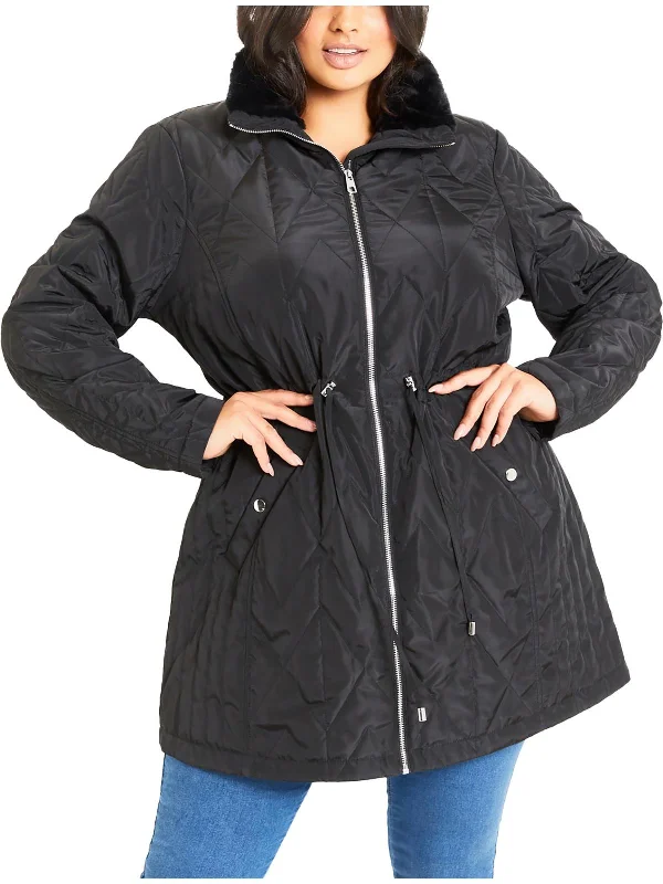 Plus Womens Faux Fur Trim Quilted Puffer Jacket