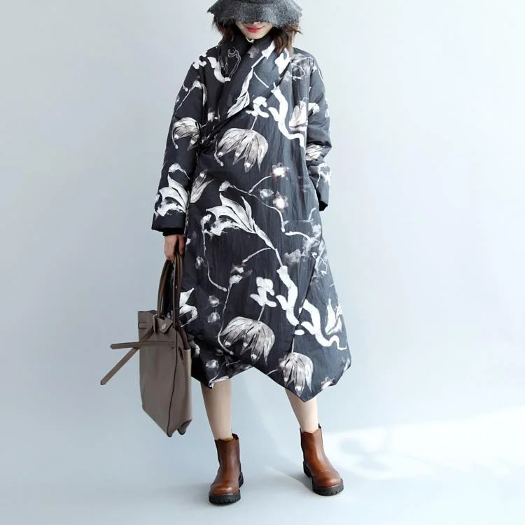 vintage black floral down jacket oversize down coat New side tie asymmetricalcoats