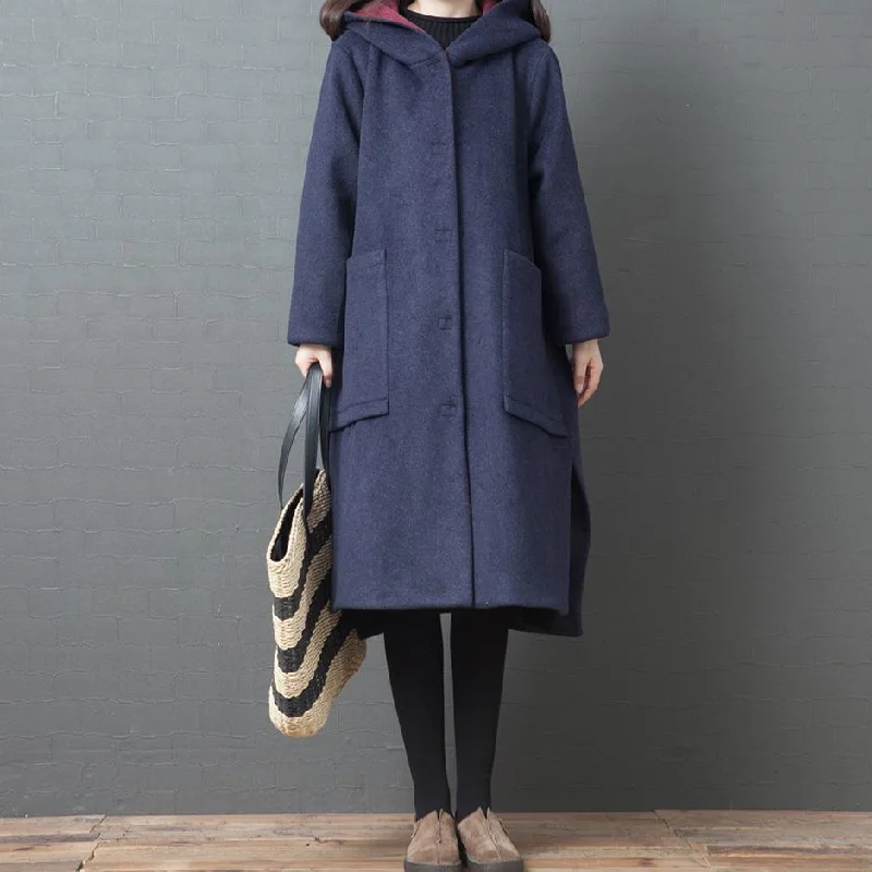 Women Navy Wool Coat For Plus Size Mid-length Coats Women Hooded Side Open Coats