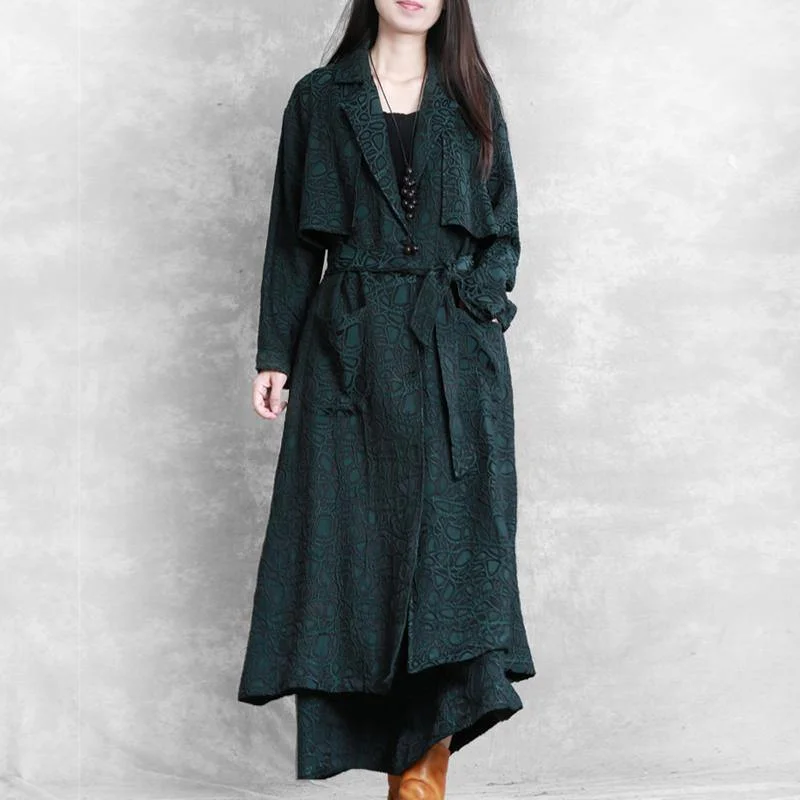 Women Notched tie waist Fine coats blackish green print loose outwear fall