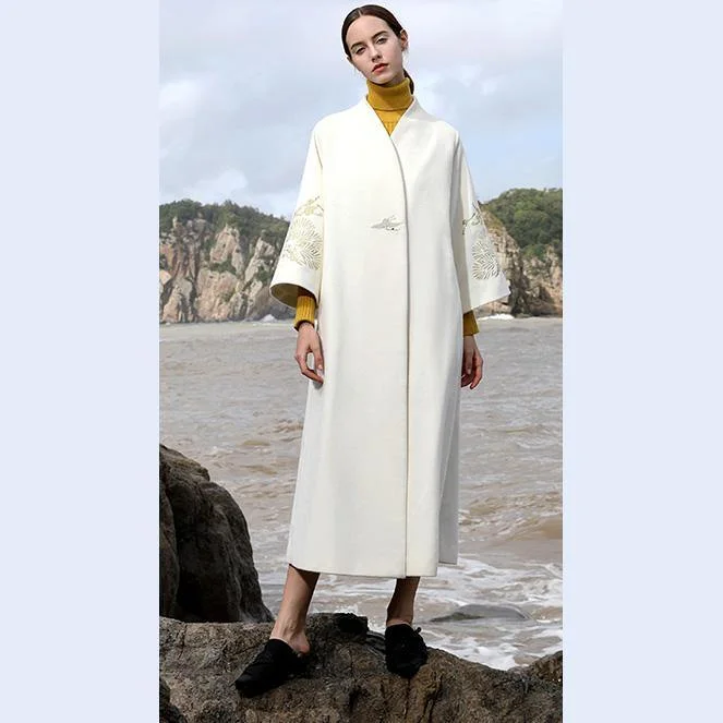 women white woolen coats plus size long coats V neck back side open embroidery flare sleeve  woolen outwear