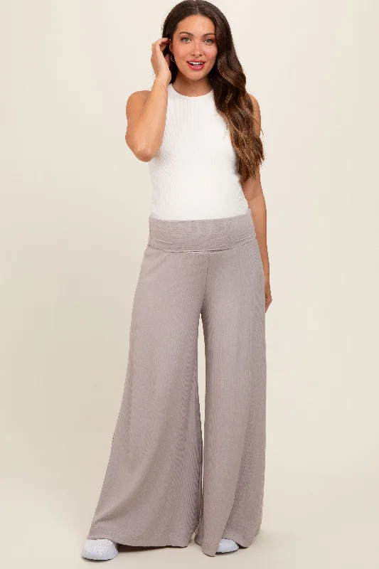 Grey Ribbed Foldover Waist Maternity Wide Leg Pants