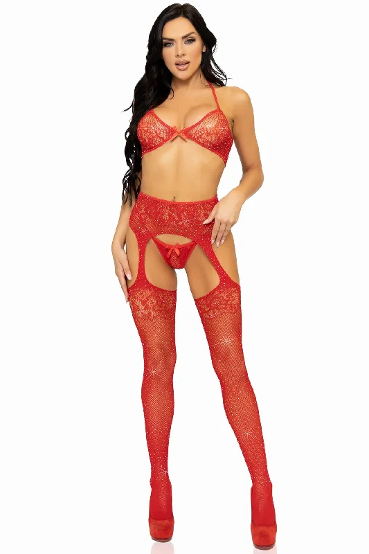 Rhinestone Lace Suspender Set